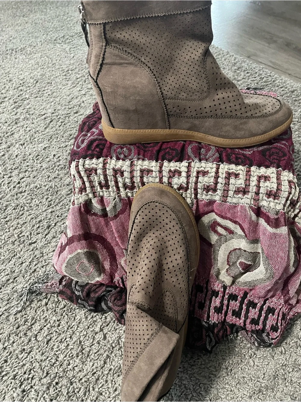 Women’s Taupe Suede Perforated Wedge Ankle Boots